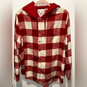 Time and Tru Red and White Plaid Button-Down Shirt with Hood